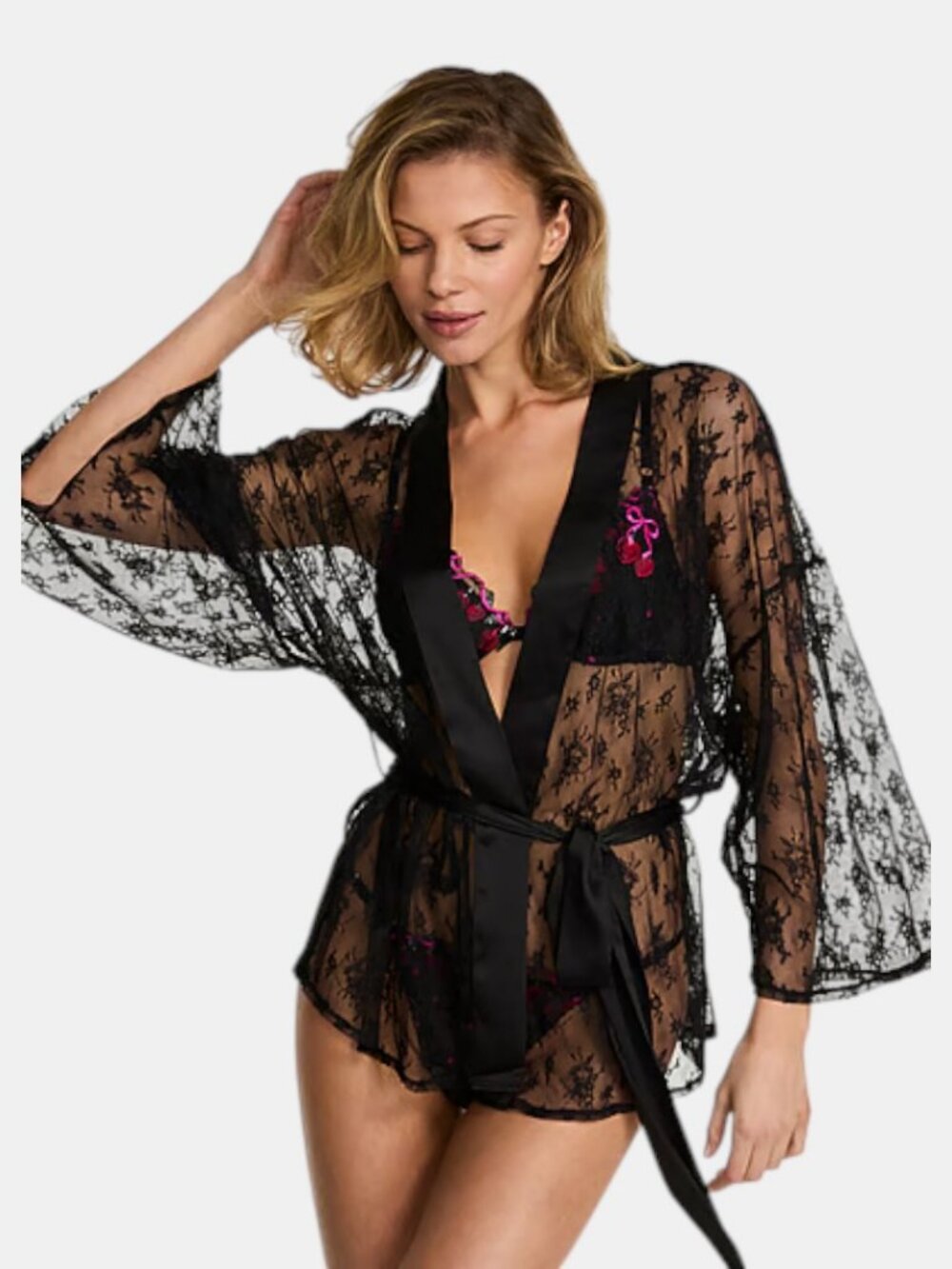 NWT VICTORIA'S SECRET VERY SEXY CHERRY POP EMBROIDERY SHEER LACE MINI ROBE  M/L